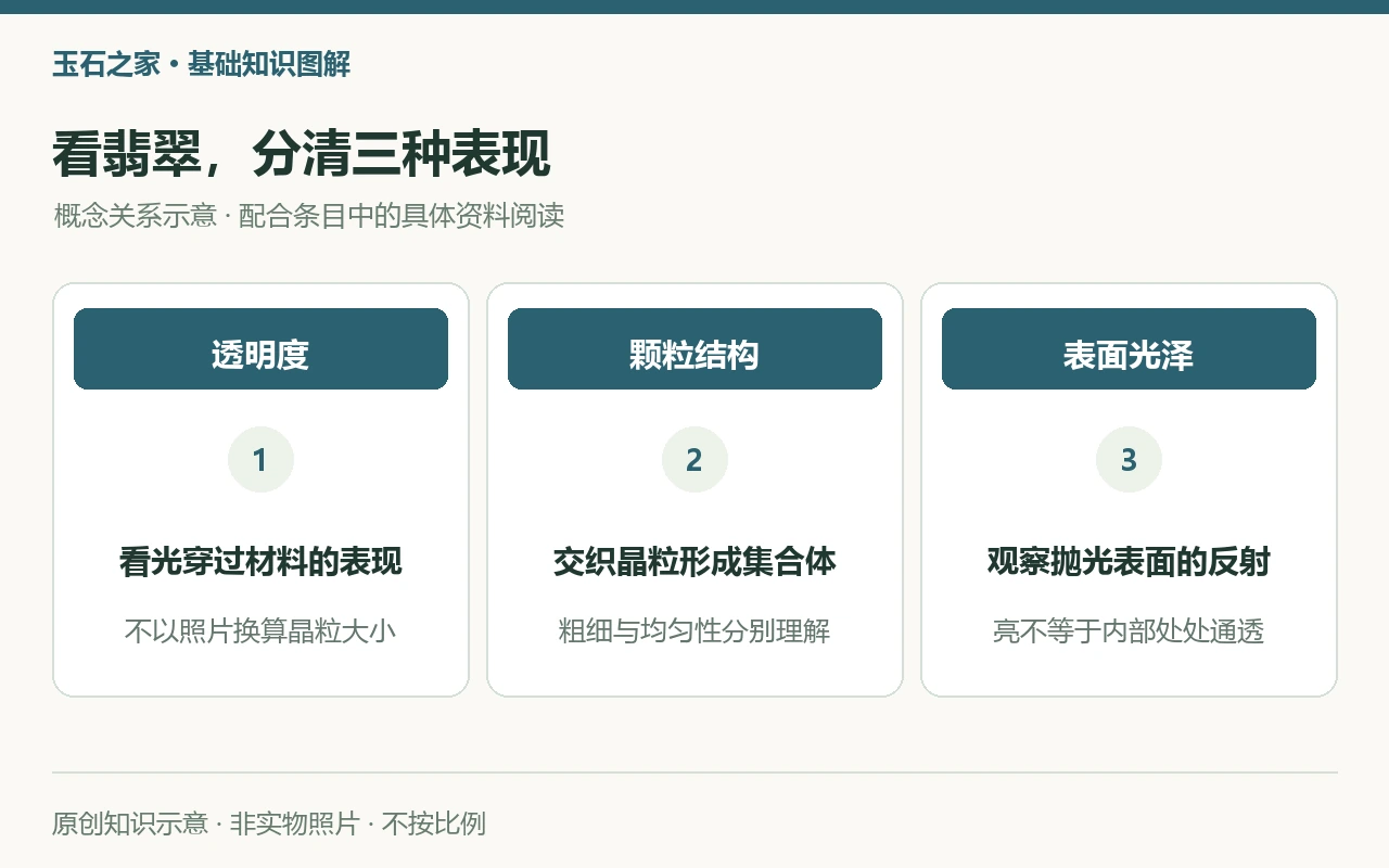 三种观察维度示意:透明度关注透光,颗粒结构关注交织颗粒,表面光泽关注反射;非实物或显微检测照片。