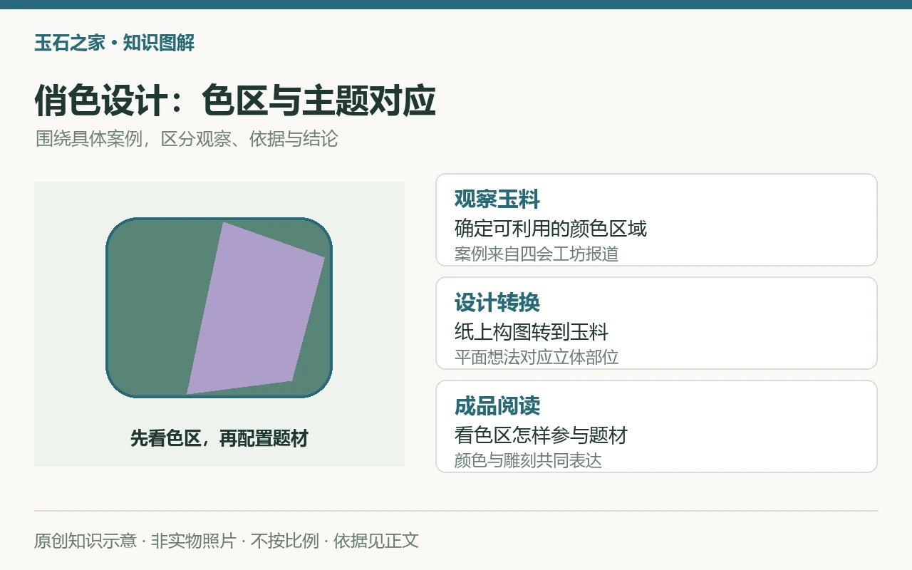 俏色设计:色区与主题对应:观察玉料,确定可利用的颜色区域,案例来自四会工坊报道;设计转换,纸上构图转到玉料,平面想法对应立体部位;成品阅读,看色区怎样参与题材,颜色与雕刻共同表达。原创示意,非实物照片。