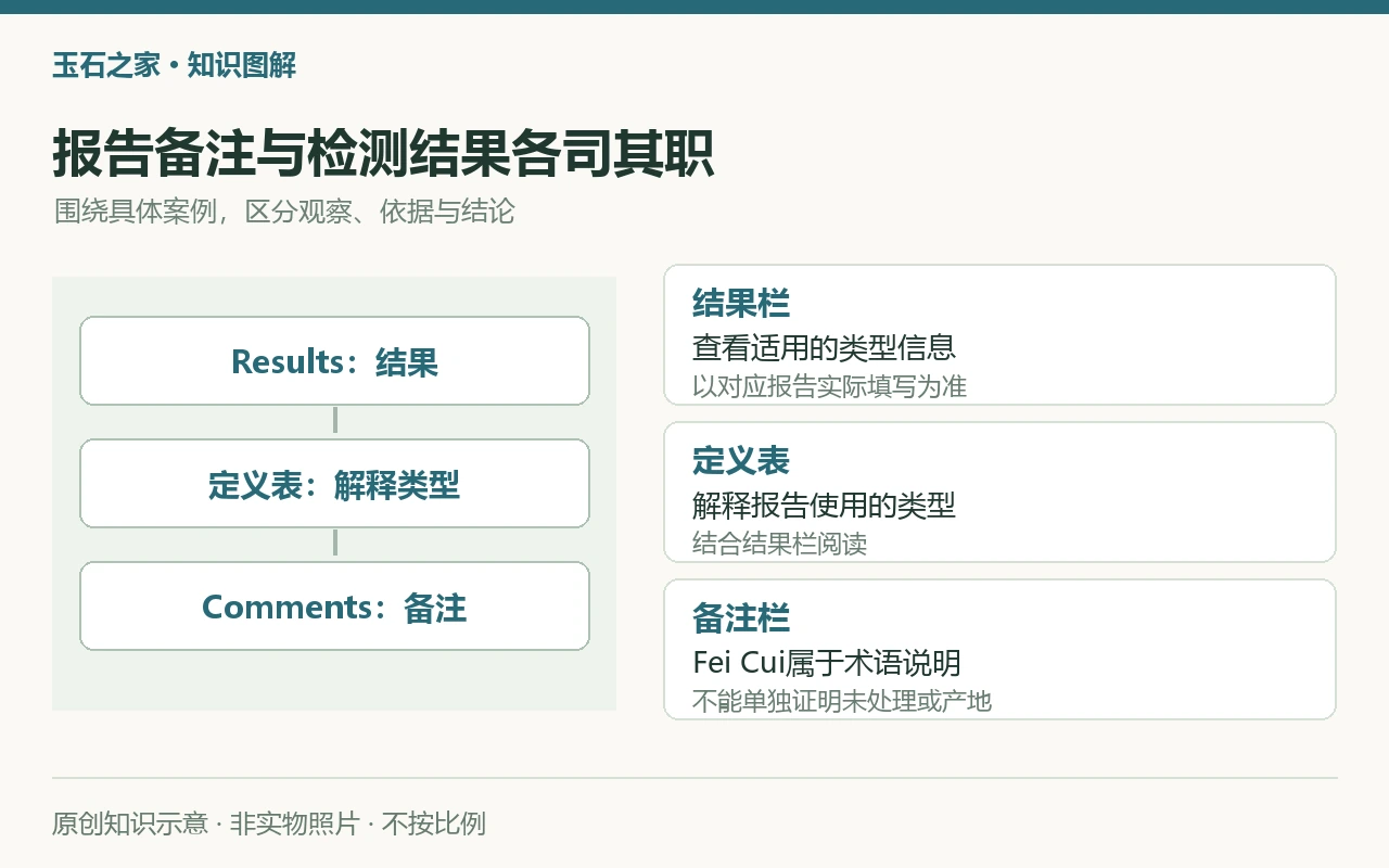 报告备注与检测结果各司其职:结果栏,查看适用的类型信息,以对应报告实际填写为准;定义表,解释报告使用的类型,结合结果栏阅读;备注栏,Fei Cui属于术语说明,不能单独证明未处理或产地。原创示意,非实物照片。
