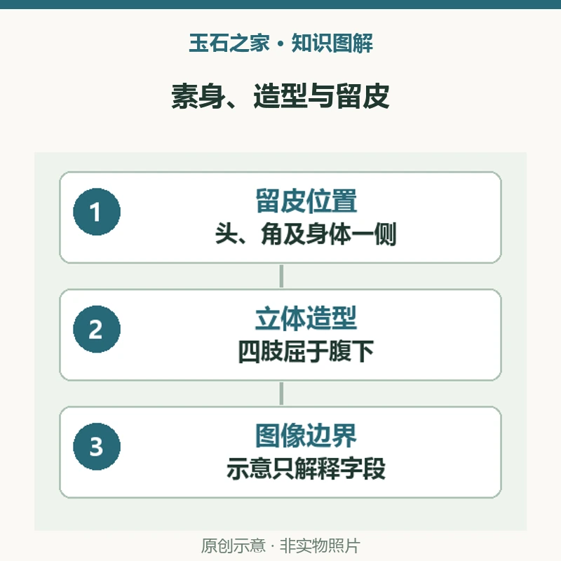 素身、造型与留皮:留皮位置,头、角及身体一侧,对应馆方著录;立体造型,四肢屈于腹下,素身仍有造型;图像边界,示意只解释字段,不复原馆藏实物。原创示意,非实物照片。