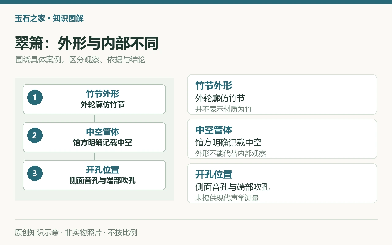 翠箫:外形与内部不同:竹节外形,外轮廓仿竹节,并不表示材质为竹;中空管体,馆方明确记载中空,外形不能代替内部观察;开孔位置,侧面音孔与端部吹孔,未提供现代声学测量。原创示意,非实物照片。