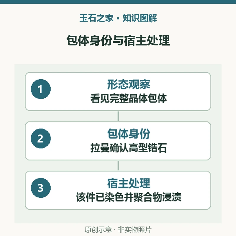 包体身份与宿主处理：形态观察，看见完整晶体包体，只是一类观察信息；包体身份，拉曼确认高型锆石，回答内部晶体是什么；宿主处理，该件已染色并聚合物浸渍，包体完整不能代替此结论。原创示意，非实物照片。
