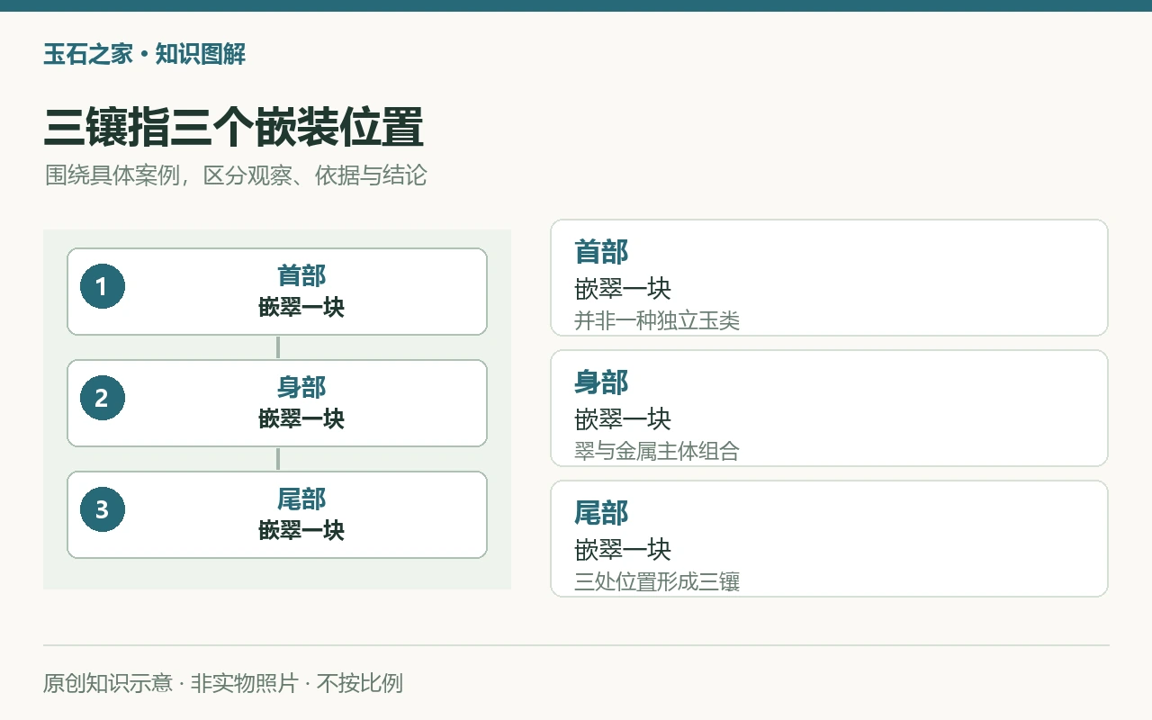 三镶指三个嵌装位置:首部,嵌翠一块,并非一种独立玉类;身部,嵌翠一块,翠与金属主体组合;尾部,嵌翠一块,三处位置形成三镶。原创示意,非实物照片。