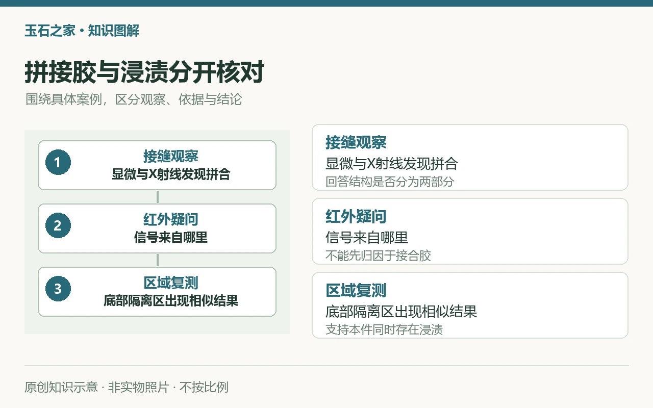 拼接胶与浸渍分开核对:接缝观察,显微与X射线发现拼合,回答结构是否分为两部分;红外疑问,信号来自哪里,不能先归因于接合胶;区域复测,底部隔离区出现相似结果,支持本件同时存在浸渍。原创示意,非实物照片。