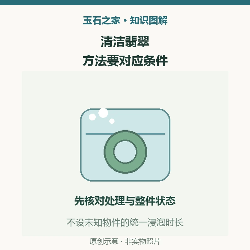 清洁翡翠：方法要对应条件知识示意图：机器清洁的前提，GIA说明中的对象是未经处理玉石；温肥皂水，指南另推荐温和的温肥皂水；整件首饰另核对，裂纹、镶嵌、粘接要看实际状态。非实物照片。