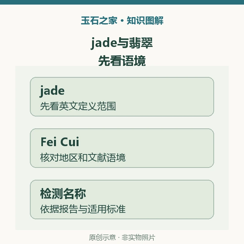 jade与翡翠:先看语境示意图:英文jade,可涵盖不止一种材料,记录原文所指对象;Fei Cui,不同地区有使用语境,不能机械一词对一词;建档方法,原称与检测名分别保存,适用标准另行核对。非实物照片。